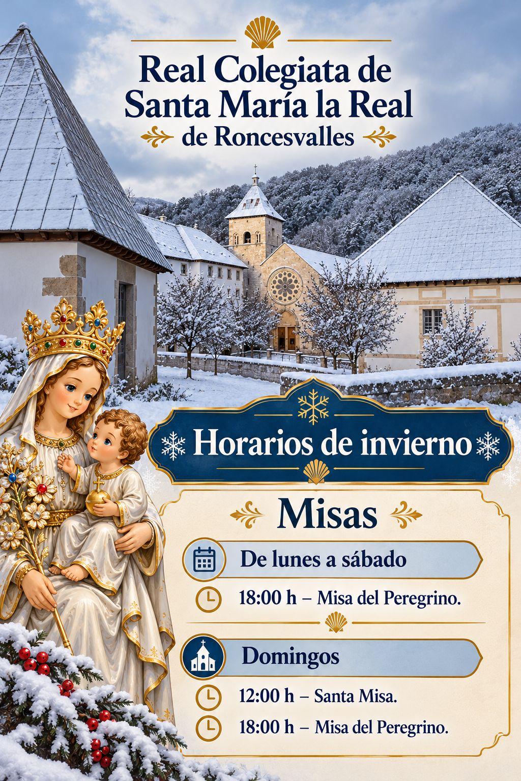 Roncesvalles nevado, al fondo los montes, una imagen infantil de la Virgen de Roncesvalles con el niño